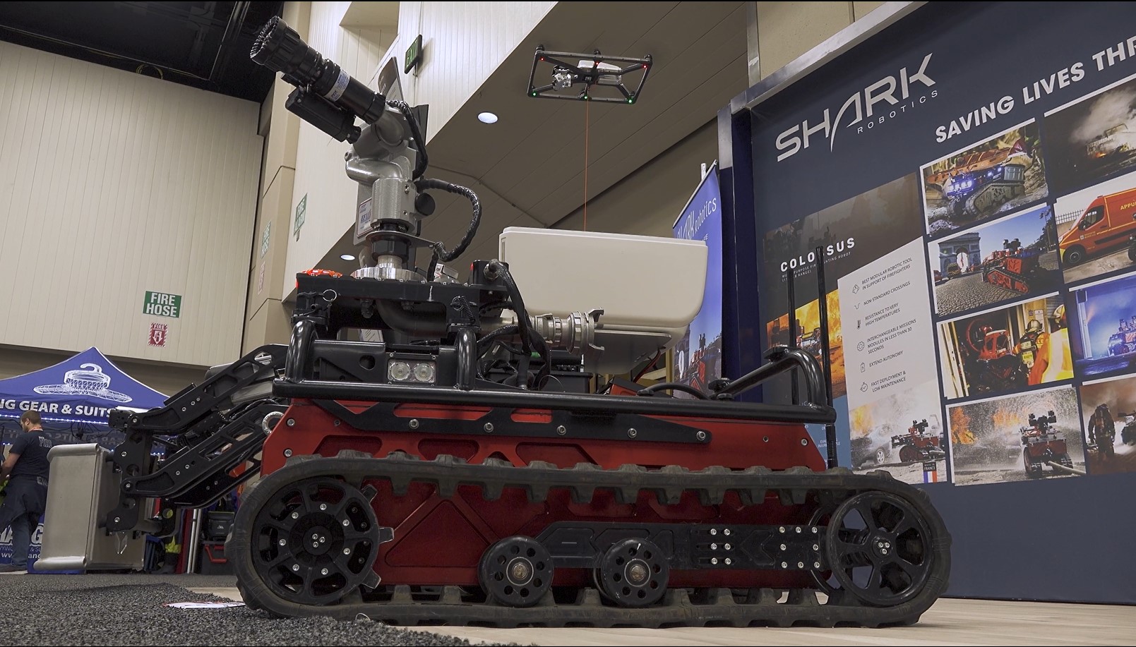 A Shark Robotics firefighting vehicle with a TFT hurricane monitor mounted on top