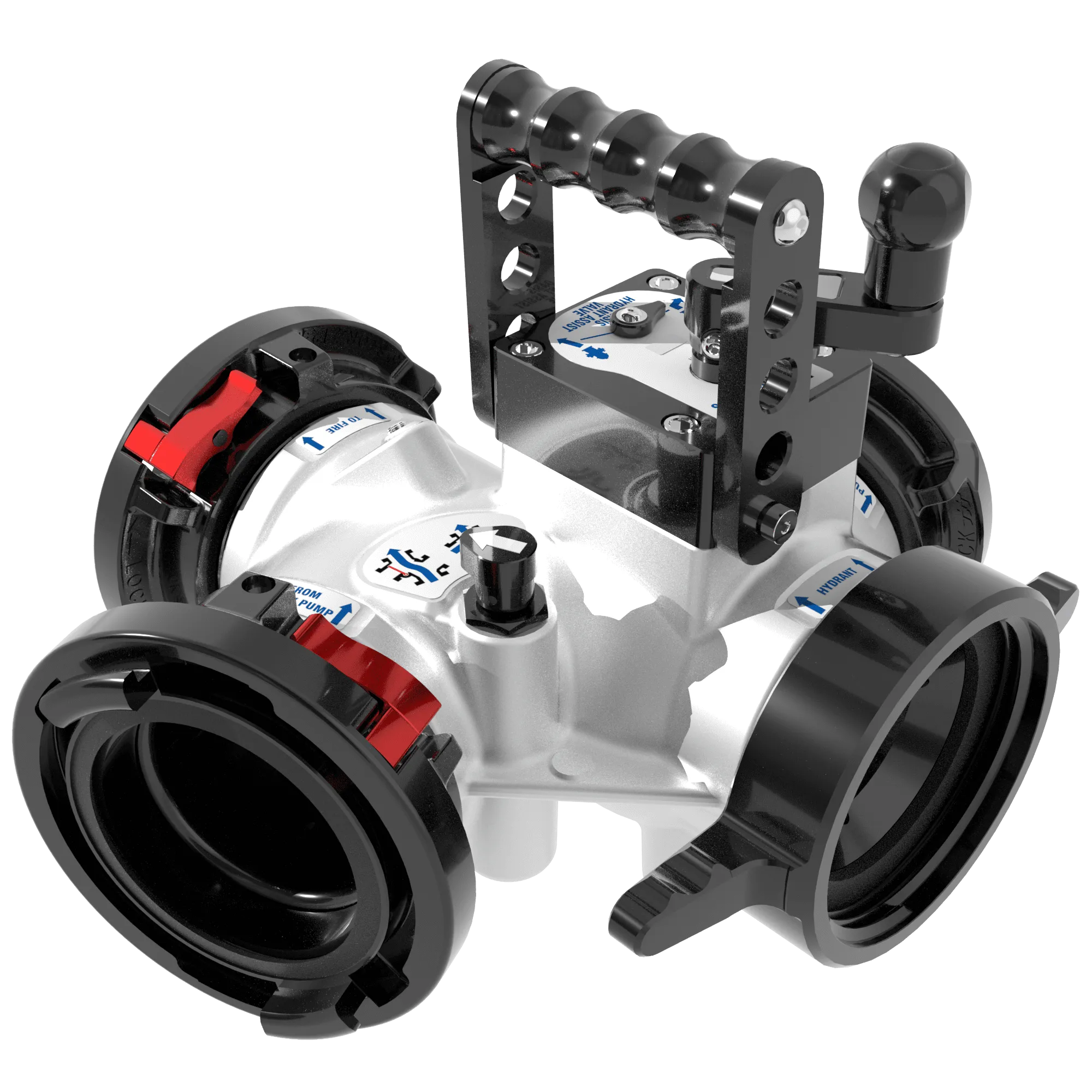 Oasis 4-Way Hydrant Assist Valve - 4" NHF Swivel Handle Inlet, 5" Storz Swivel Outlets Oasis 4-Way Hydrant Assist Valve - 4" NHF Swivel Handle Inlet, 5" Storz Swivel Outlets