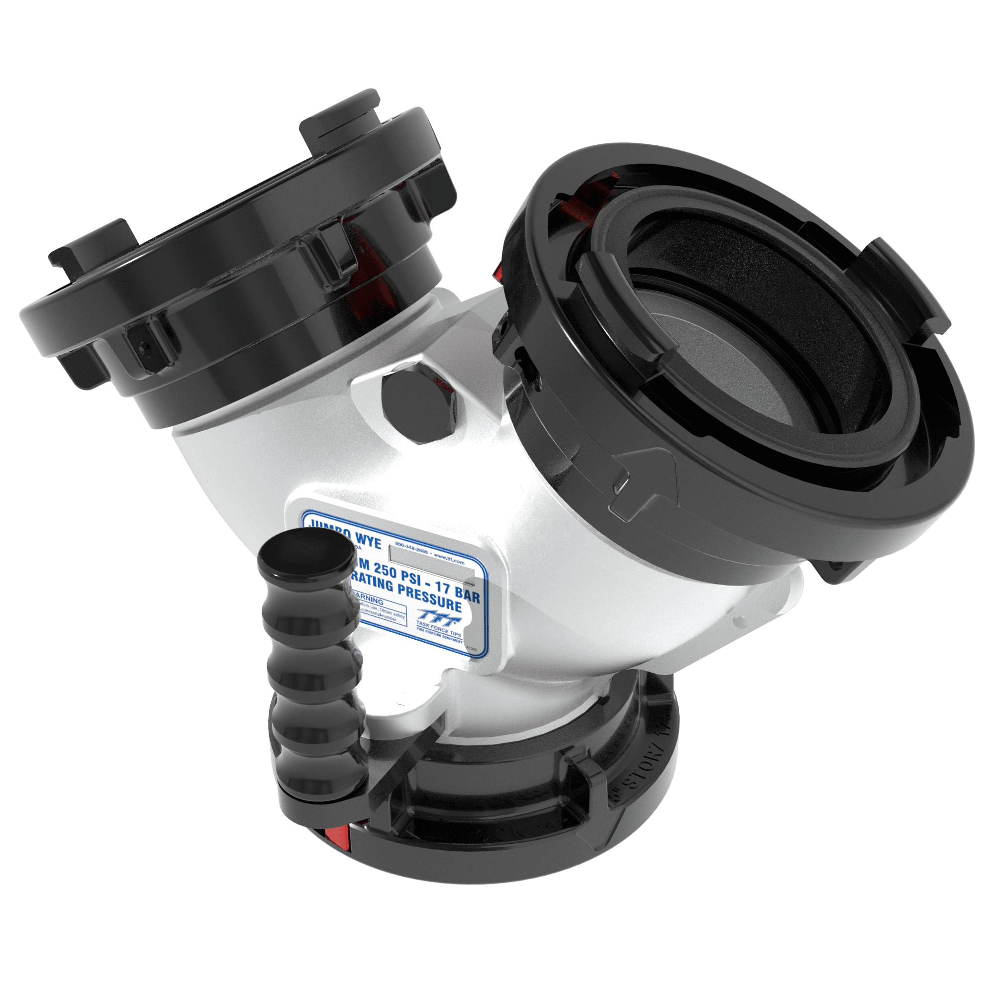 Jumbo Wye, Valveless - Single 5" (125 mm) Storz Swivel Inlet, Double 5" (125 mm) Storz Swivel Outlets, Silver Jumbo Wye, Valveless - Single 5" (125 mm) Storz Swivel Inlet, Double 5" (125 mm) Storz Swivel Outlets, Silver