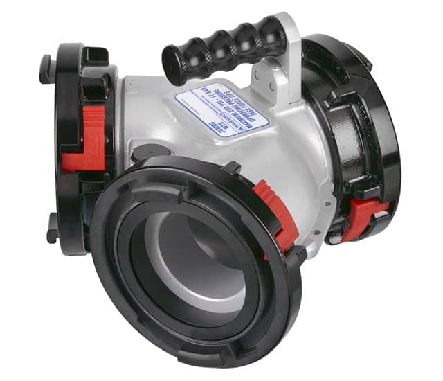 Jumbo Wye, Valveless - Single 6" (150 mm) Storz Rigid Inlet, Double 6" (150 mm) Storz Rigid Outlets, Silver Jumbo Wye, Valveless - Single 6" (150 mm) Storz Rigid Inlet, Double 6" (150 mm) Storz Rigid Outlets, Silver