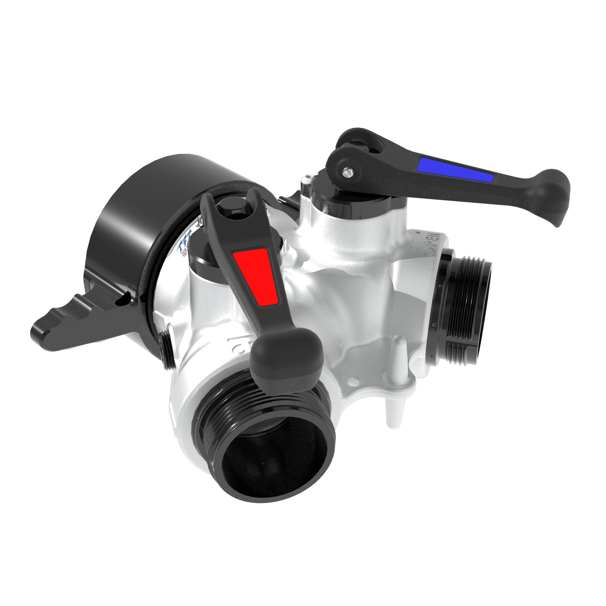 Gated Wye Quarter Turn Valve - Single 6" NHF Swivel Handle Inlet, Double 2.5" (65 mm) NHM Rigid Outlets, Silver Gated Wye Quarter Turn Valve - Single 6" NHF Swivel Handle Inlet, Double 2.5" (65 mm) NHM Rigid Outlets, Silver