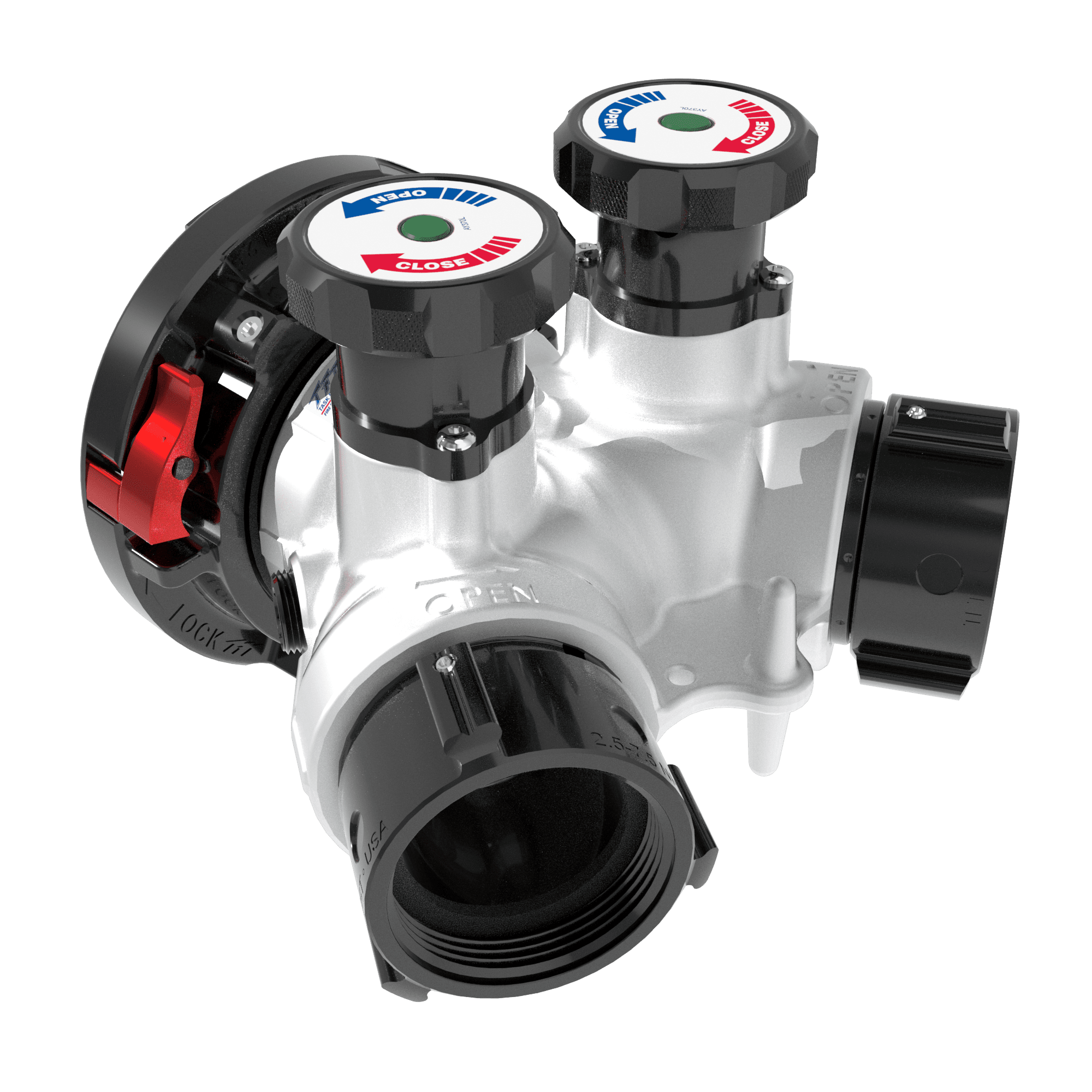 Gated Siamese Slow Close Valve - Double 5" (125 mm) Storz Swivel Inlets, Single 2.5" (65 mm) NHF Swivel Rocker Outlet, Silver Gated Siamese Slow Close Valve - Double 5" (125 mm) Storz Swivel Inlets, Single 2.5" (65 mm) NHF Swivel Rocker Outlet, Silver