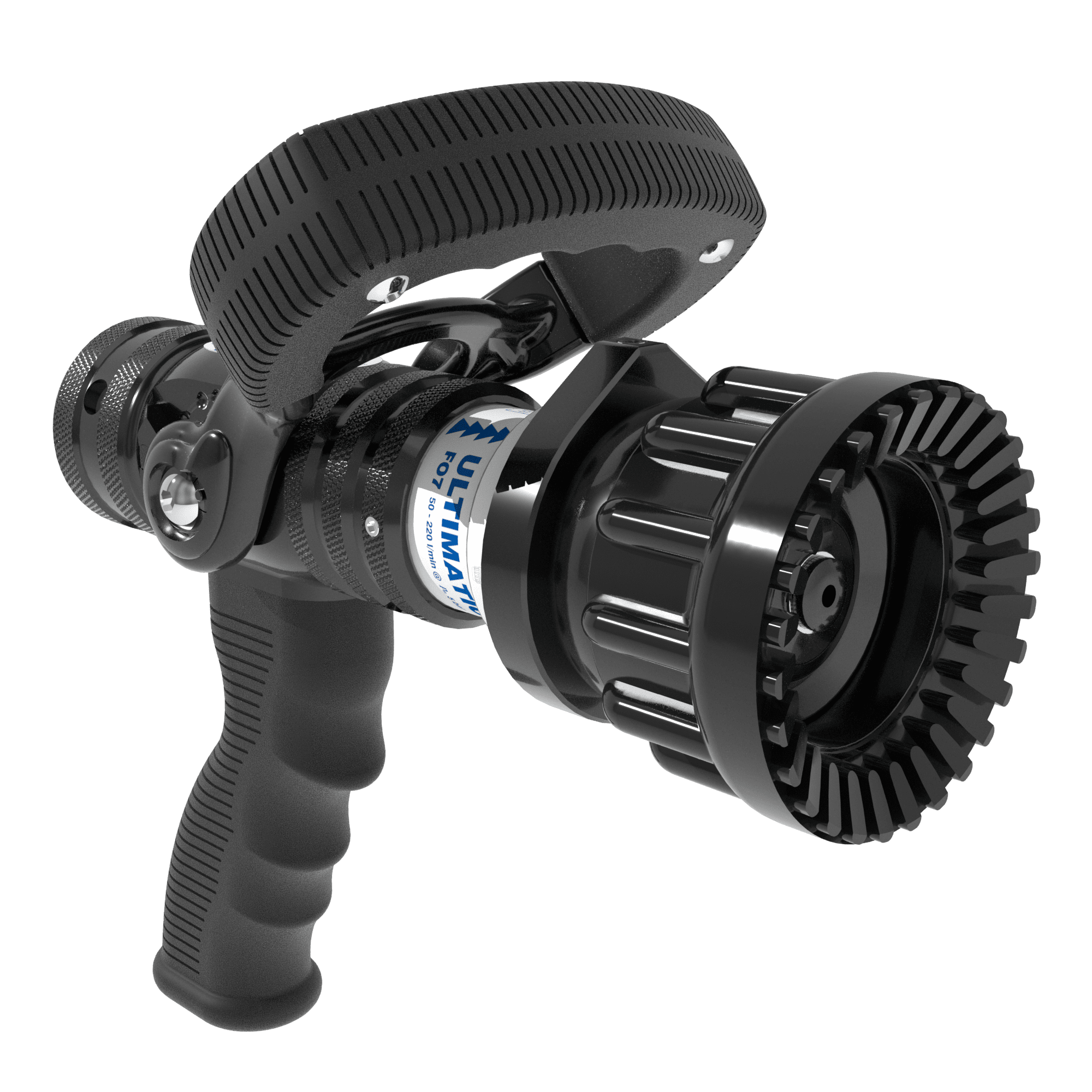 Ultimatic Automatic One-Piece FO5 Flashover Nozzle With Pistol Grip, Slide Valve - 50-220 LPM @ 5 Bar, 19 mm BSPF Swivel Inlet, Rubber Teeth Ultimatic Automatic One-Piece FO5 Flashover Nozzle With Pistol Grip, Slide Valve - 50-220 LPM @ 5 Bar, 19 mm BSPF Swivel Inlet, Rubber Teeth