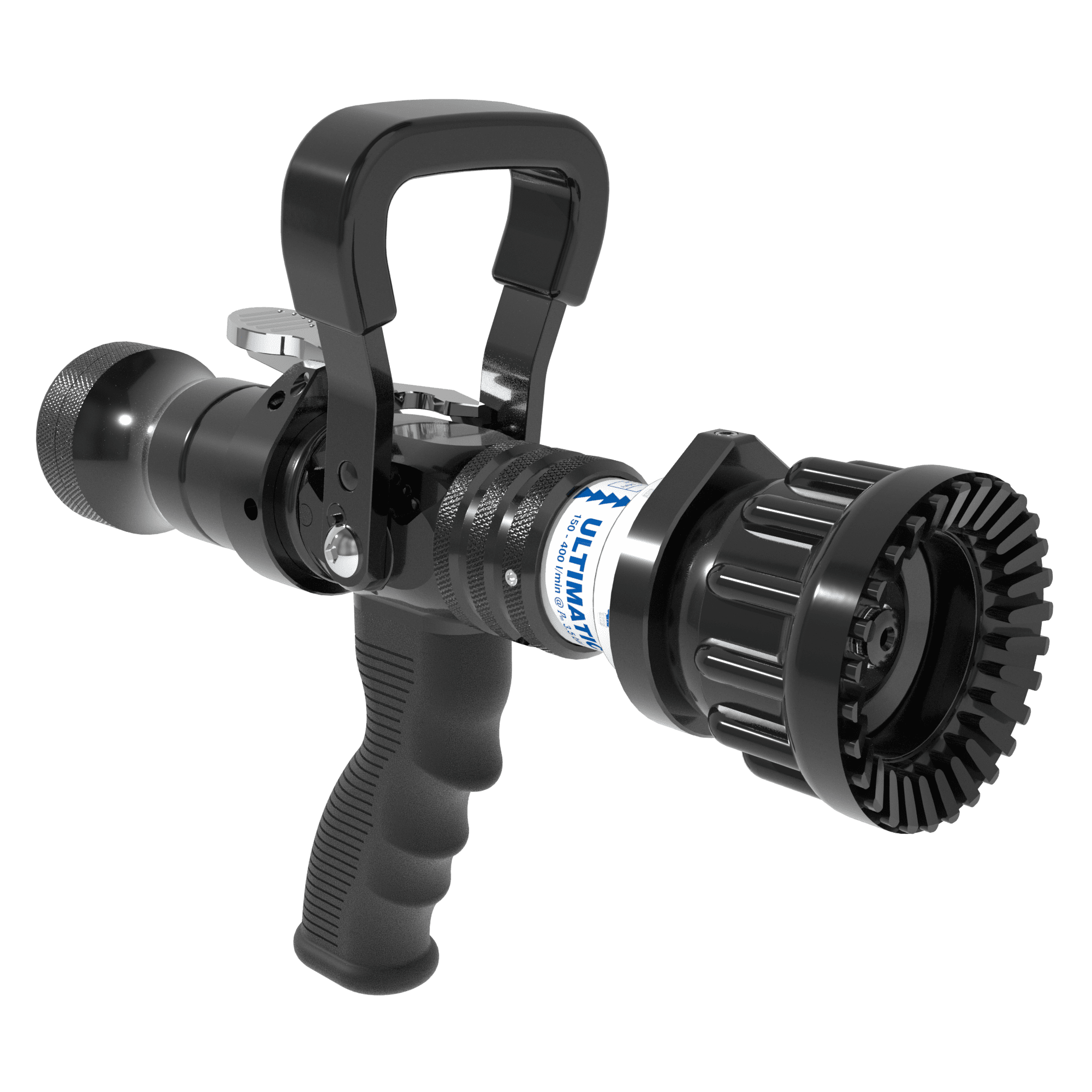 Ultimatic Automatic One-Piece FO4 Flashover Nozzle With Pistol Grip (Blue), Slide Valve - 150-400 LPM @ 4 Bar, 38 mm BSPF Swivel Inlet, Rubber Teeth Ultimatic Automatic One-Piece FO4 Flashover Nozzle With Pistol Grip (Blue), Slide Valve - 150-400 LPM @ 4 Bar, 38 mm BSPF Swivel Inlet, Rubber Teeth