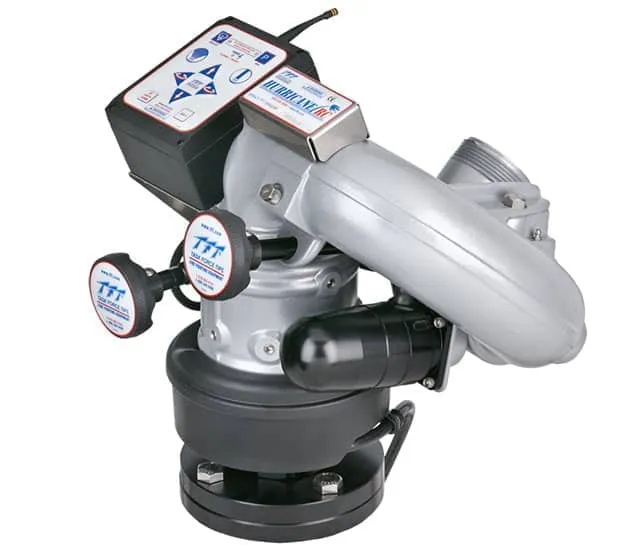 Hurricane RC 1250 GPM (4500 LPM) Monitor, Standard - 4" (100 mm) ANSI 150/DN100 PN16 Rigid Flange Inlet, 2.5" (65 mm) NHM Rigid Outlet, 12 VDC Acc. Power, RS485, Silver Hurricane RC 1250 GPM (4500 LPM) Monitor, Standard - 4" (100 mm) ANSI 150/DN100 PN16 Rigid Flange Inlet, 2.5" (65 mm) NHM Rigid Outlet, 12 VDC Acc. Power, RS485, Silver