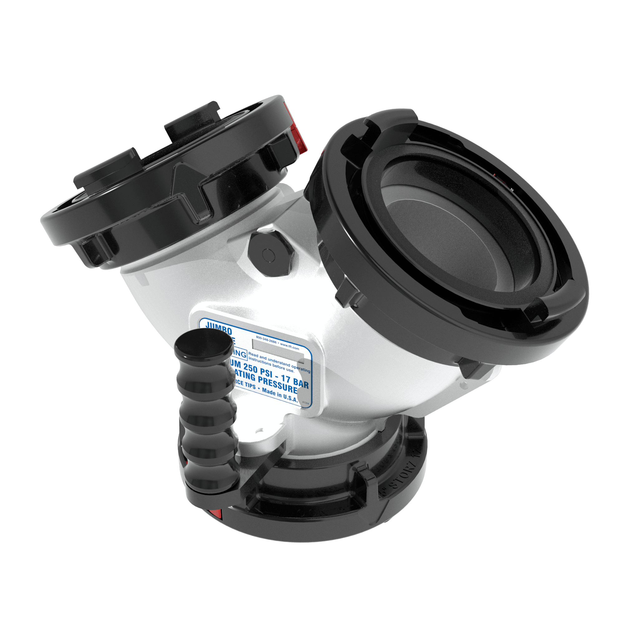 Jumbo Siamese Clapper Valve - Double 5" (125 mm) Storz Swivel Inlets, Single 5" (125 mm) Storz Swivel Outlet, Silver Jumbo Siamese Clapper Valve - Double 5" (125 mm) Storz Swivel Inlets, Single 5" (125 mm) Storz Swivel Outlet, Silver