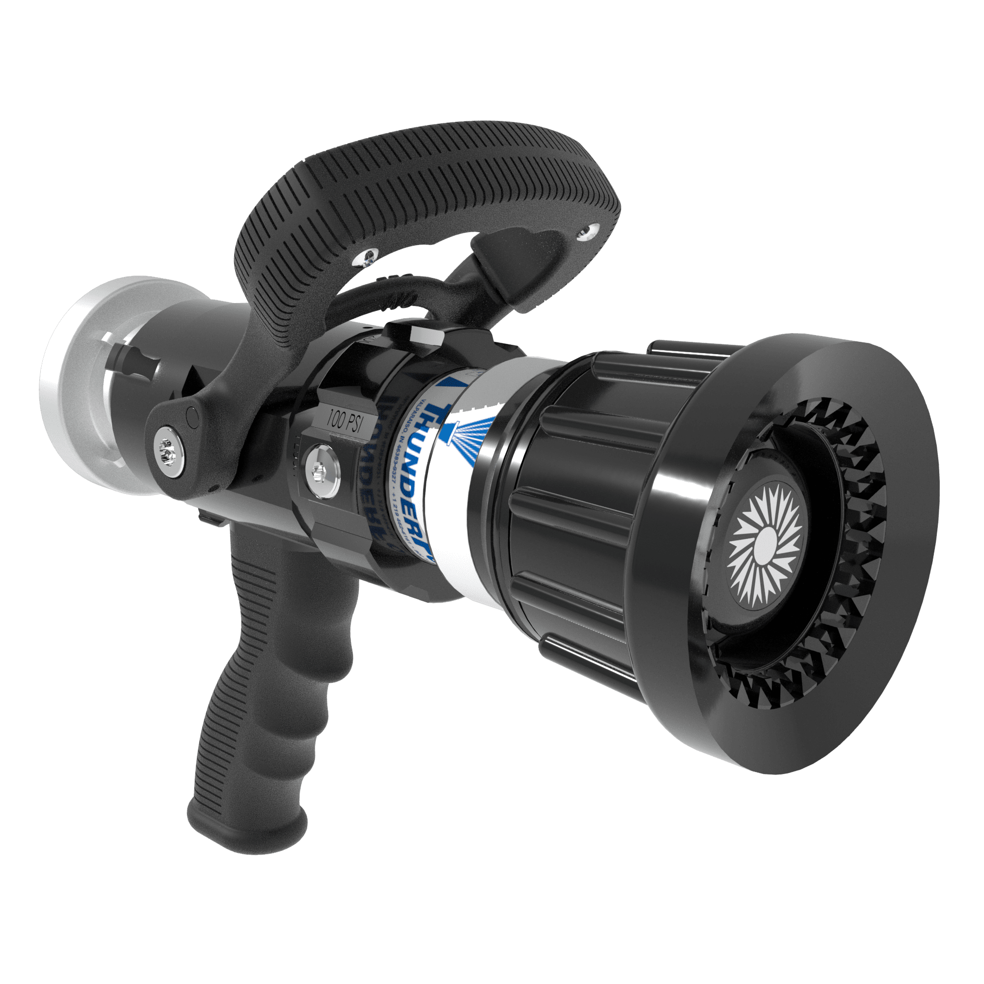 ThunderFog Selectable One-Piece Nozzle With Pistol Grip, Ball Valve - 110/230/360/470/570/750 LPM @ 7 Bar, 52 mm Storz Swivel Inlet, Metal Teeth ThunderFog Selectable One-Piece Nozzle With Pistol Grip, Ball Valve - 110/230/360/470/570/750 LPM @ 7 Bar, 52 mm Storz Swivel Inlet, Metal Teeth