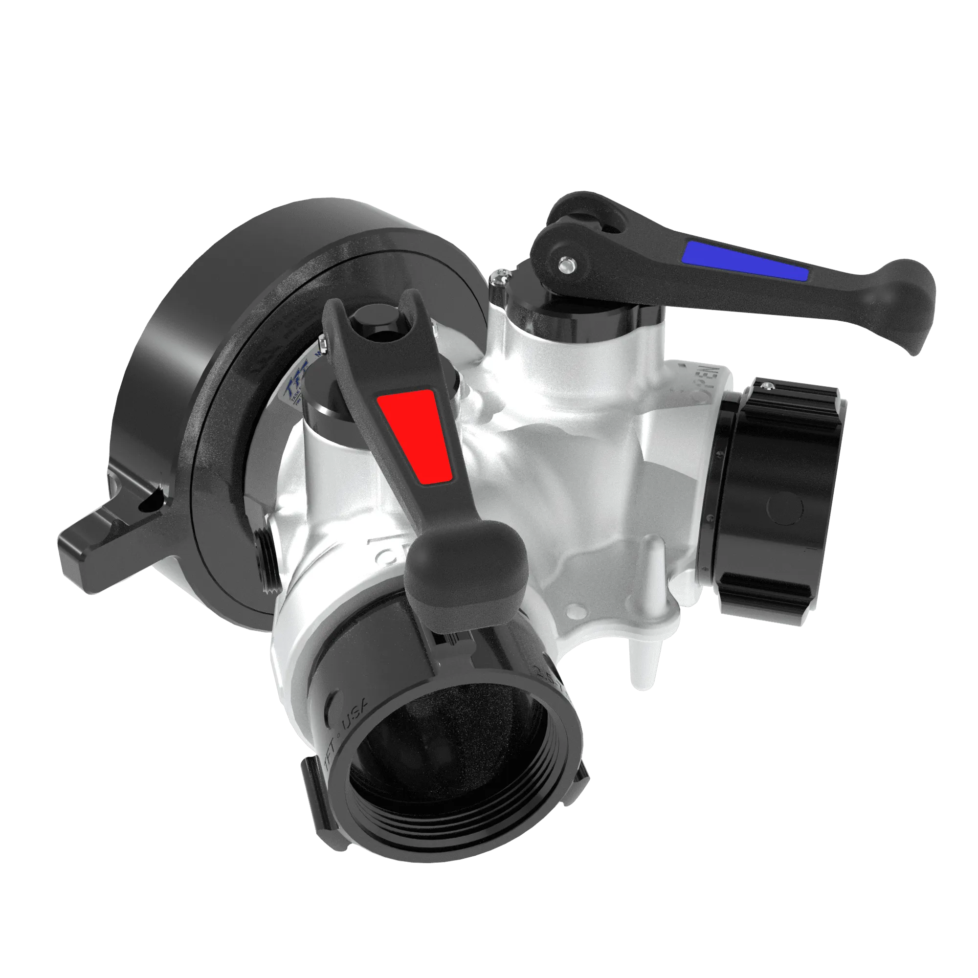 Gated Siamese Quarter Turn Valve - Double 6" NHF Swivel Handle Inlets, Single 2.5" NHF Swivel Rocker Outlet, Silver Gated Siamese Quarter Turn Valve - Double 6" NHF Swivel Handle Inlets, Single 2.5" NHF Swivel Rocker Outlet, Silver