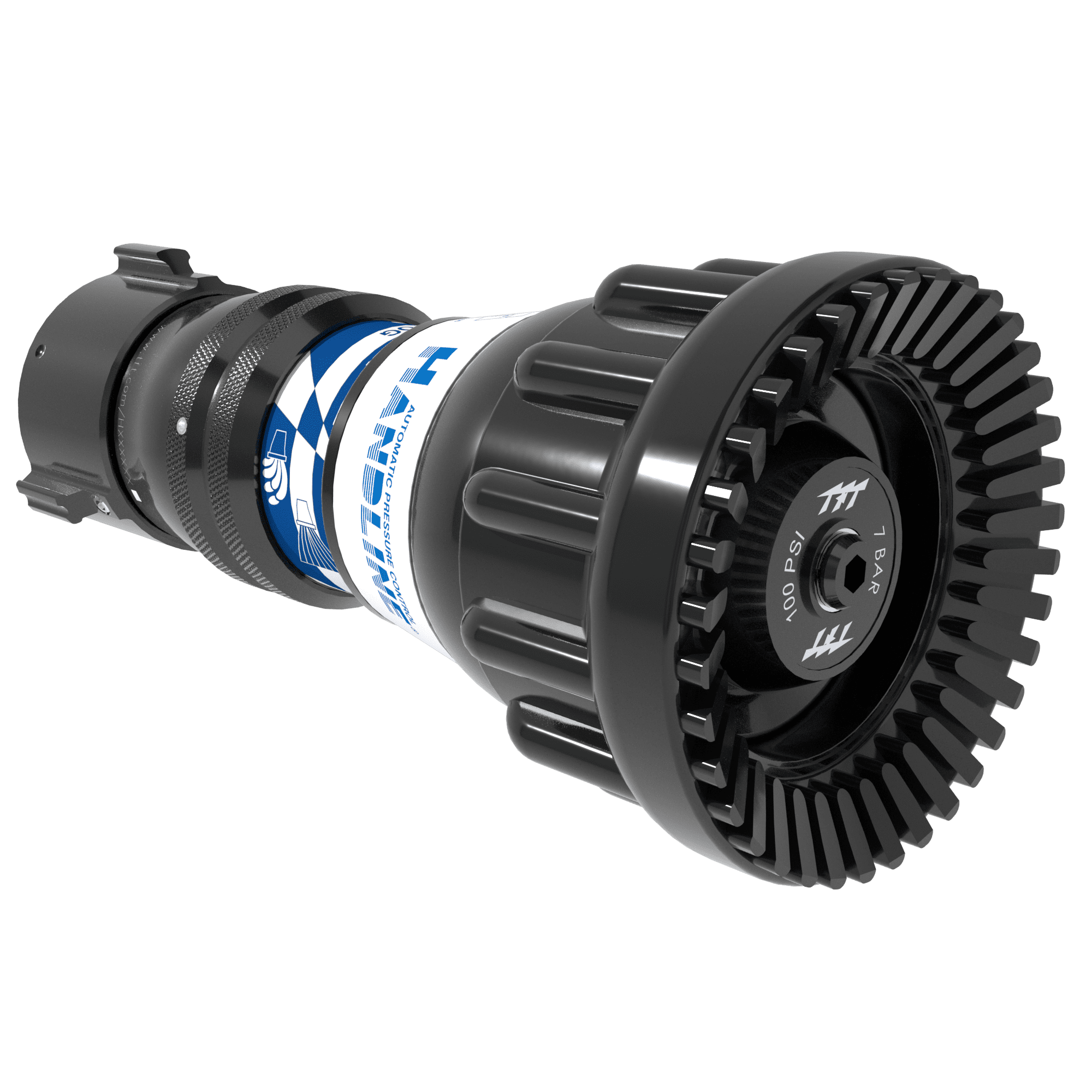 Handline Automatic Nozzle Tip - 95-300 GPM @ 100 PSI, 1.5" NHF Rigid Rocker Inlet, Rubber Teeth Handline Automatic Nozzle Tip - 95-300 GPM @ 100 PSI, 1.5" NHF Rigid Rocker Inlet, Rubber Teeth