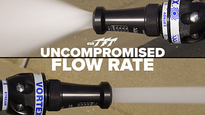 A smooth bore with vortex faces each way with white text saying uncompromised flow