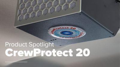 A grey CrewProtect 20 sits in the top right of the screen. The ceiling of a fire vehicle is visible around it. white text reads Product Spotlight: Crew Protect 20
