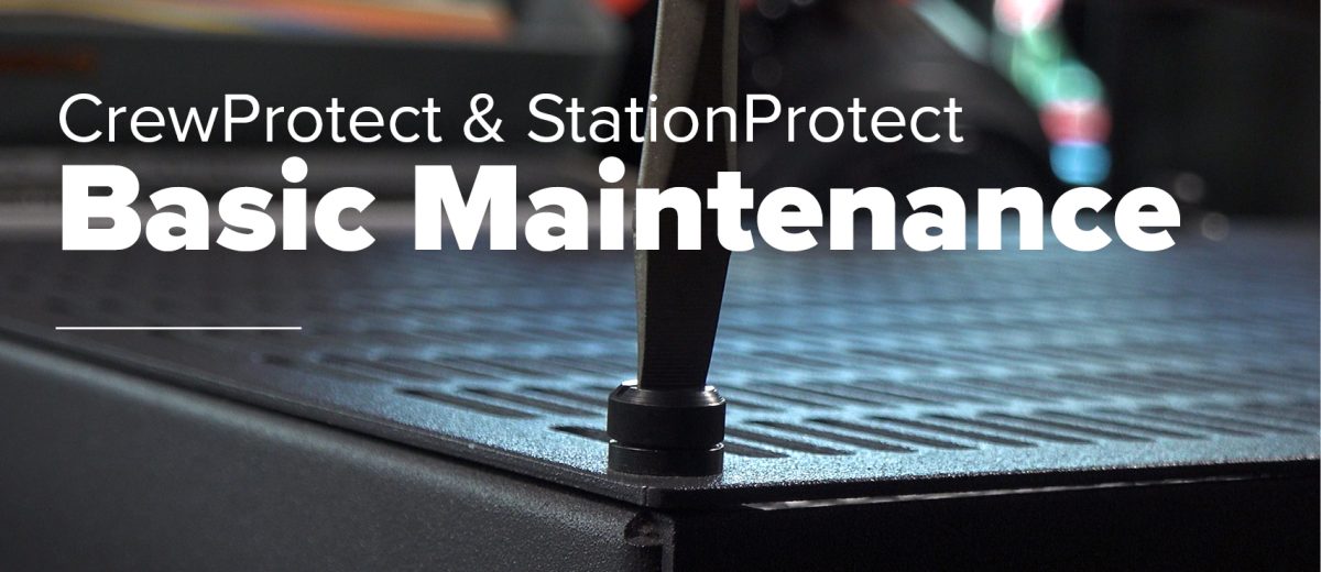 A screwdriver turns a thumbscrew on the closest corner grill of a CrewProtect air decontamination unit. White text says CrewProtect & StationProtect Basic Maintenance