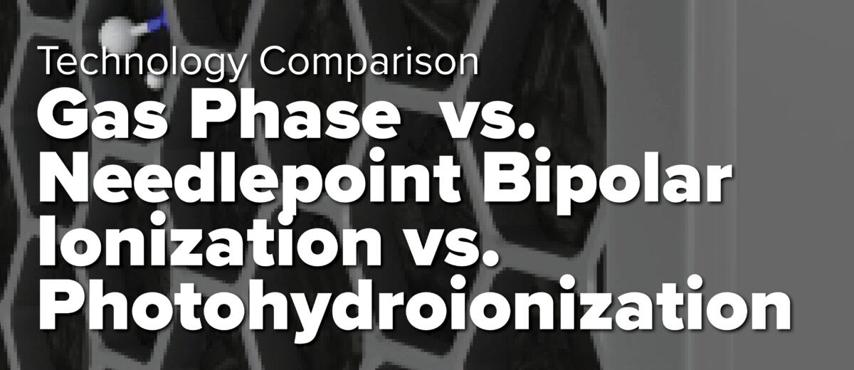 A honeycomb filter texturizes the background. White text reads Technology comparison: Gas Phase vs. Needlepoint Bipolar Ionization vs Photohydroionization