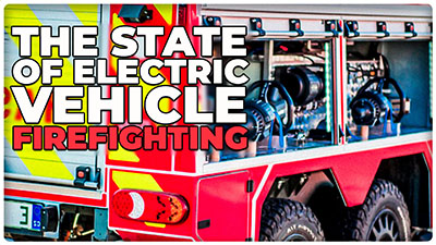 EA fire apparatus close up with rescue tools with The State of Electric Vehicle Firefighting in text on top