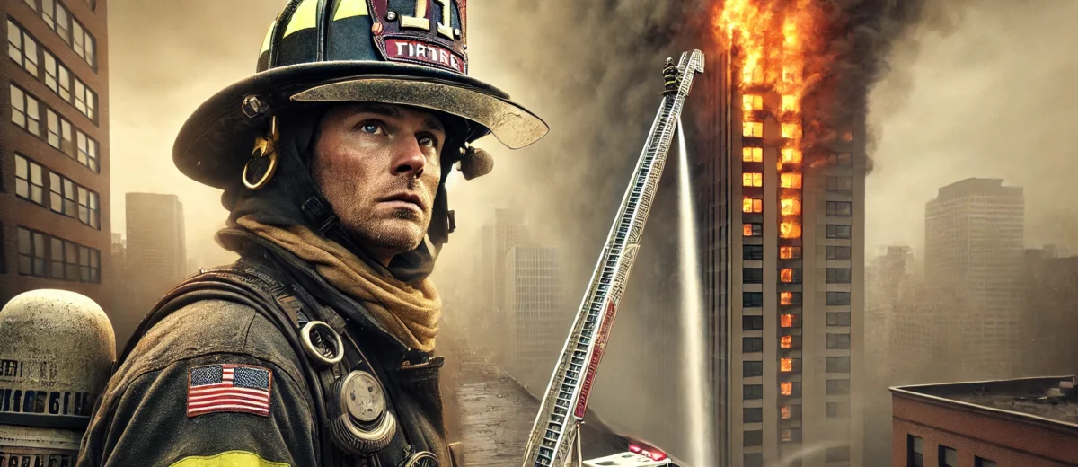 Firefighter With High Rise Fire Scene In Background