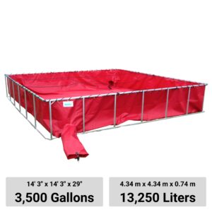 3,500 Gallon (13,250 Liters) Portable Water Tank - Red, 2x Drain Chutes +Cross Ropes (Ships Freight Only)