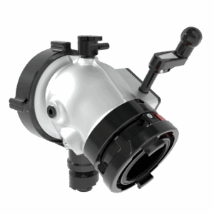 Low-Profile Intake Valve, Top Crank Controls, Rigid Elbow - 4" Storz Swivel Street-Side, 5" NHF Swivel Truck-Side, Pressure Relief Valve