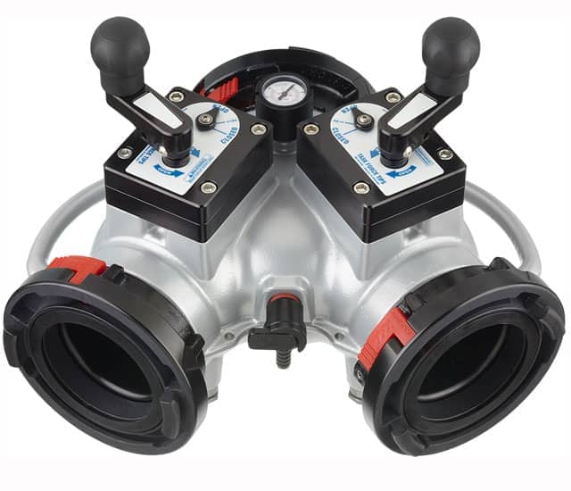 Gated Wye Quarter Turn Valve - Single 6" (150 mm) Storz Swivel Inlet, Double 6" (150 mm) Storz Swivel Outlets, Silver Gated Wye Quarter Turn Valve - Single 6" (150 mm) Storz Swivel Inlet, Double 6" (150 mm) Storz Swivel Outlets, Silver