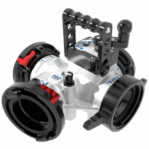 Oasis 4-Way Hydrant Assist Valve - 5" NHF Swivel Handle Inlet, 5" Storz Swivel Outlets