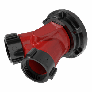 Siamese Clapper Valve - Double 2.5” (65 mm) NHF Swivel Rocker Inlets, Single 5” (125 mm) Storz Swivel Outlet, Red