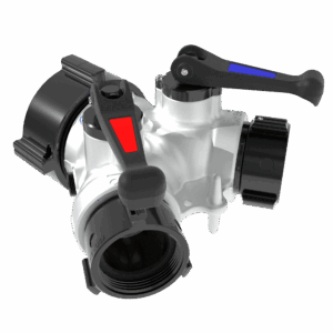 Gated Siamese Quarter Turn Valve - Double 2.5" NHF Swivel Rocker Inlets, Single 2.5" NHF Swivel Rocker Outlet, Silver