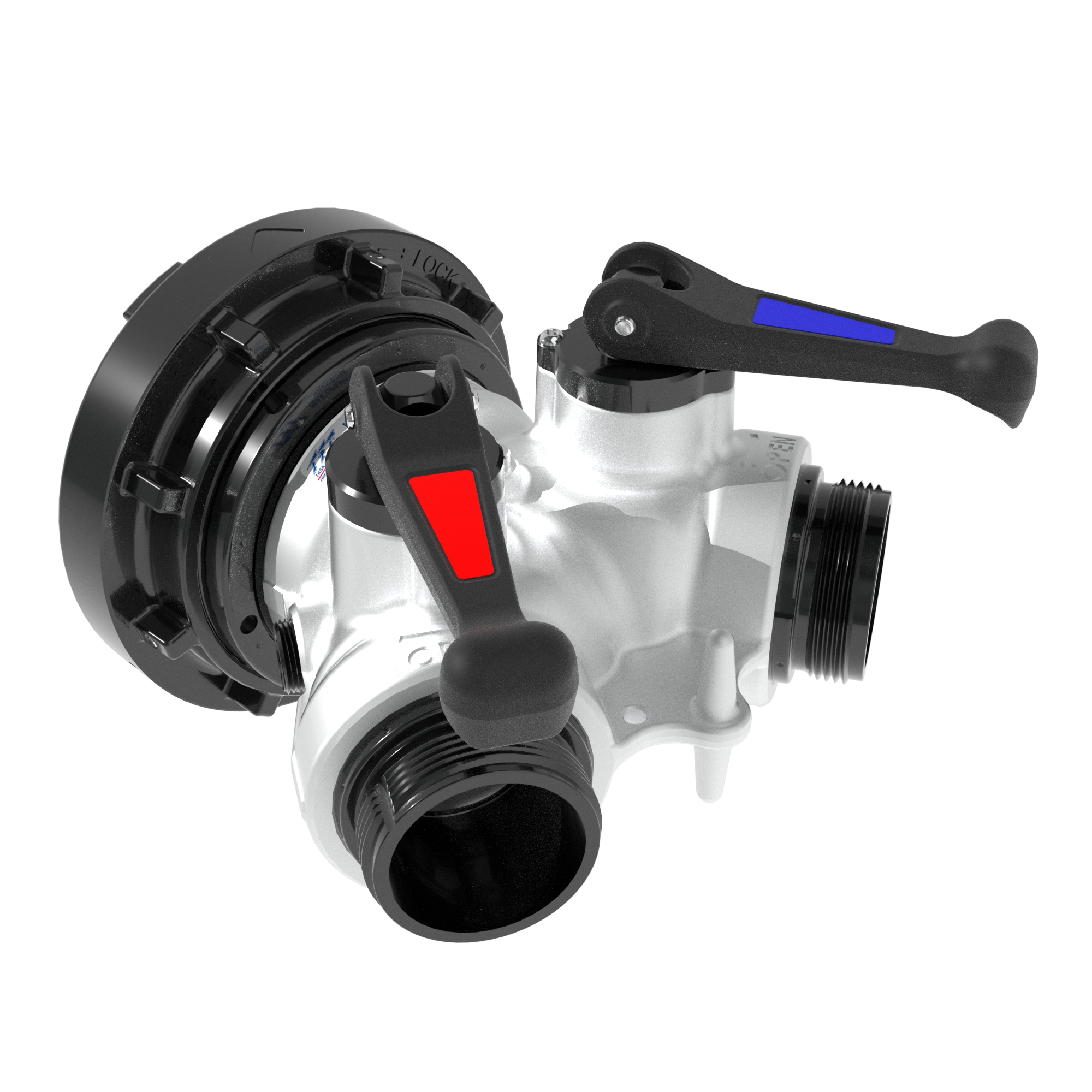 Gated Wye Quarter Turn Valve - Single 5" (125 mm) Storz Swivel Inlet, Double 2.5" (65 mm) NHM Rigid Outlets, Silver Gated Wye Quarter Turn Valve - Single 5" (125 mm) Storz Swivel Inlet, Double 2.5" (65 mm) NHM Rigid Outlets, Silver