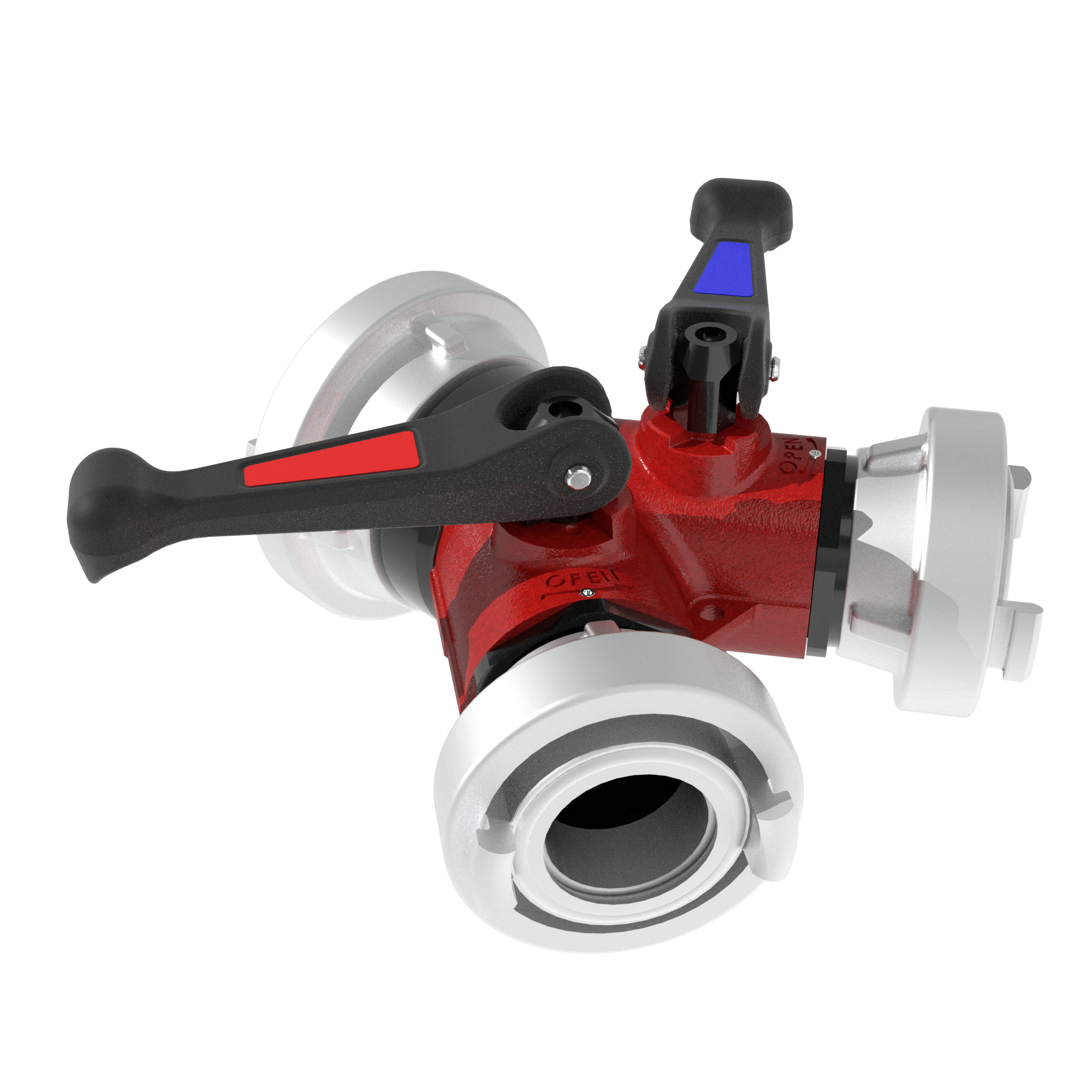 Gated Wye Quarter Turn Valve - Single 3" (75 mm) Storz Swivel Inlet, Double 1.5" (38 mm) Storz Rigid Outlets, Red Gated Wye Quarter Turn Valve - Single 3" (75 mm) Storz Swivel Inlet, Double 1.5" (38 mm) Storz Rigid Outlets, Red