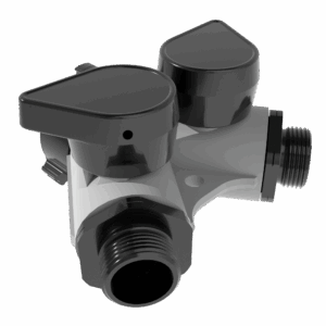 Gated Wye Quarter Turn Valve w/ Short Handles - Single 1.5" NHF Swivel Rocker Inlet, Double 1" NHM Rigid Outlets, Silver