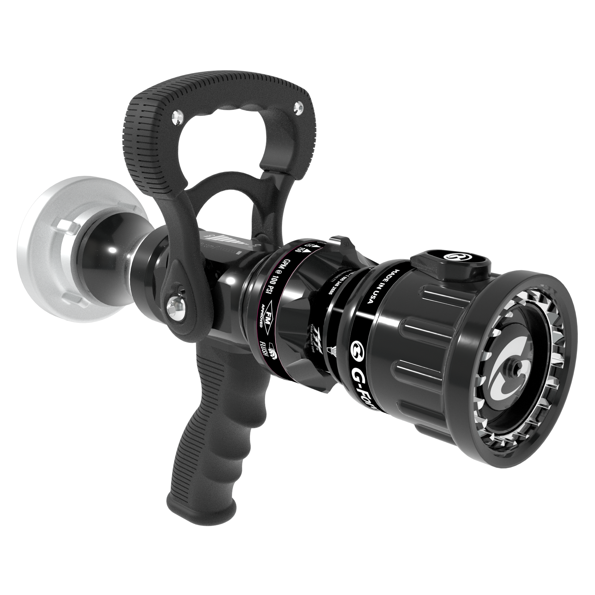 G-Force Selectable One-Piece Nozzle With Pistol Grip, Slide Valve - 110/230/360/470/570 LPM @ 5 Bar, 52 mm Storz Swivel Inlet, Spinning Metal Teeth, Shaper Indicator Detent G-Force Selectable One-Piece Nozzle With Pistol Grip, Slide Valve - 110/230/360/470/570 Lpm @ 5 Bar, 52 Mm Storz Swivel Inlet, Spinning Metal Teeth, Shaper Indicator Detent