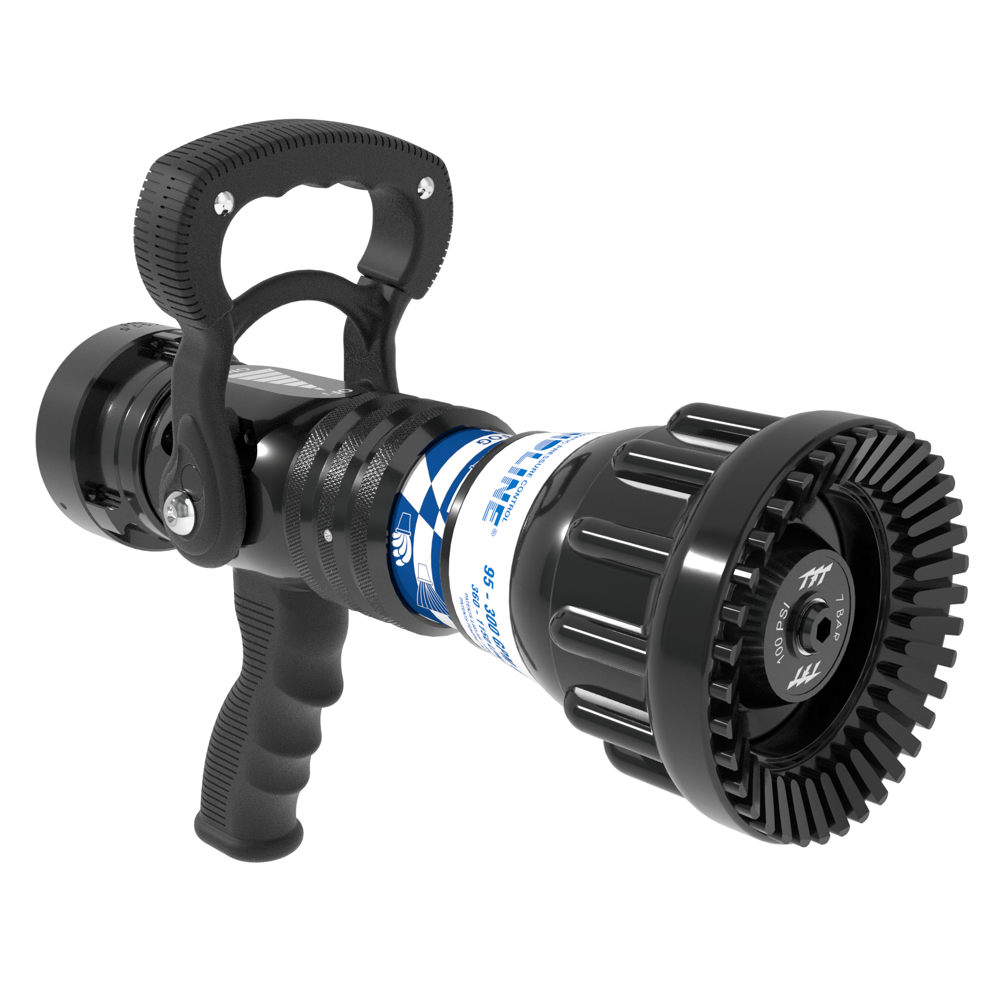 Handline Automatic One-Piece Nozzle With Pistol Grip, Slide Valve - 95-300 GPM @ 100 PSI, 2.5" NHF Rocker Swivel Inlet, Rubber Teeth Handline Automatic One-Piece Nozzle With Pistol Grip, Slide Valve - 95-300 GPM @ 100 PSI, 2.5" NHF Rocker Swivel Inlet, Rubber Teeth