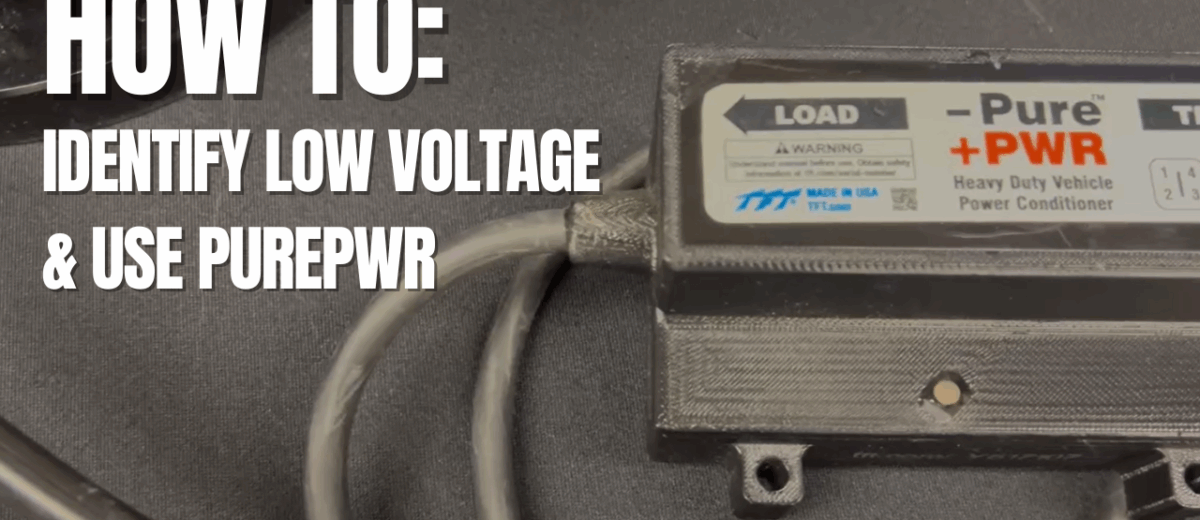 A Tft Purepwr Device Sits On A Tabletop. Text On Screen Reads How To: Identify Low Voltage And Use Purepwr