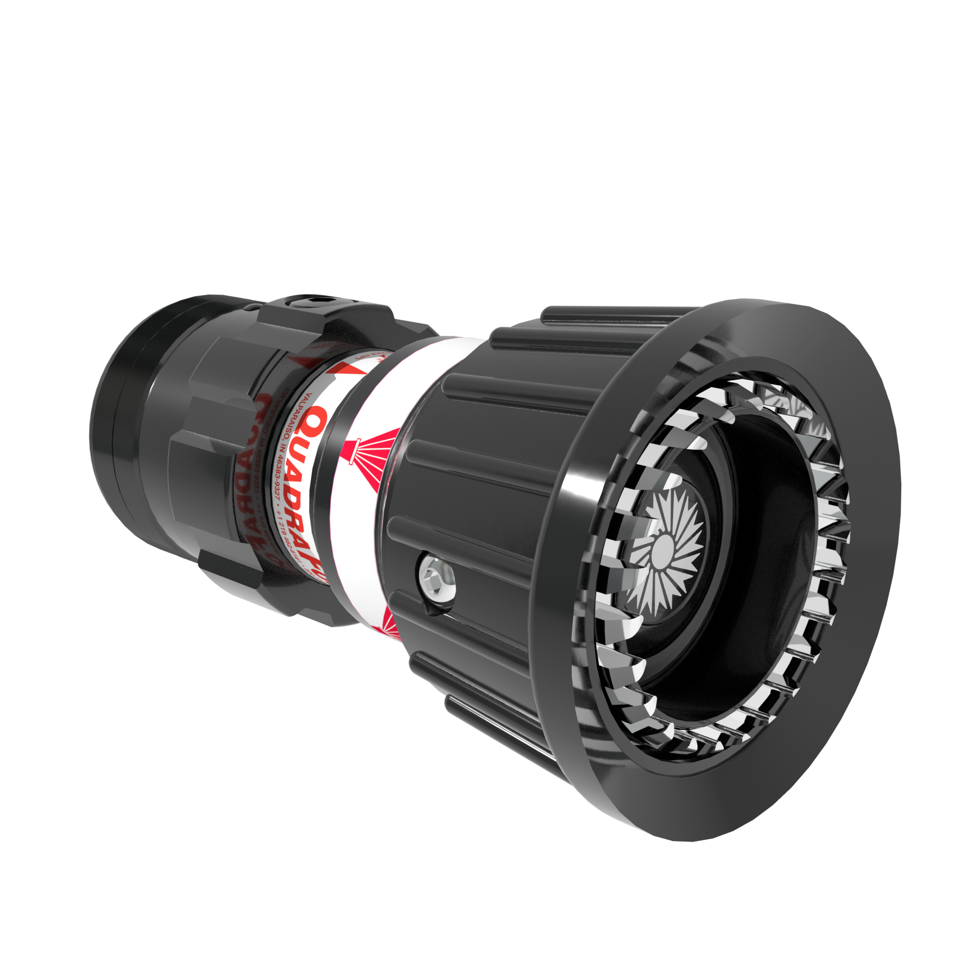 QuadraFog Selectable Nozzle Tip, Integrated Valve - 30/60/95/125 GPM @ 75 PSI, 1.5" NHF Rigid Inlet, Spinning Metal Teeth QuadraFog Selectable Nozzle Tip, Integrated Valve - 30/60/95/125 GPM @ 75 PSI, 1.5" NHF Rigid Inlet, Spinning Metal Teeth