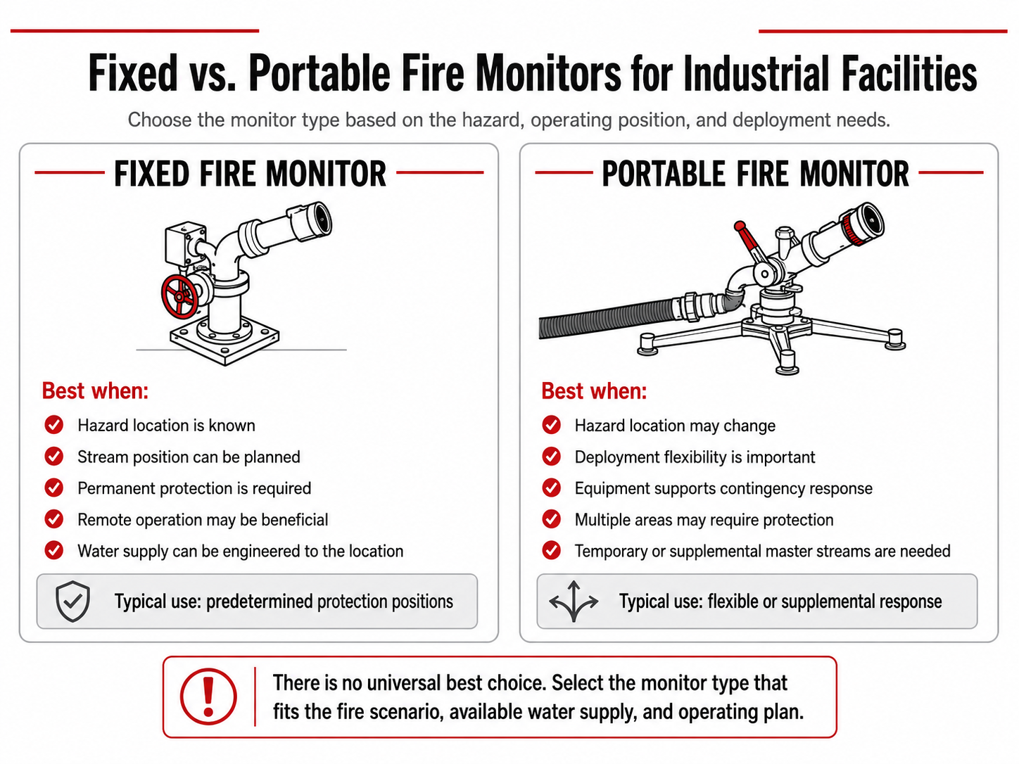 Best Firefighting Equipment for Industrial Facilities: How to Choose Monitors, Nozzles, Foam, and Water-Supply Equipment Comparison of fixed and portable fire monitors based on hazard location, deployment flexibility, and water-supply planning.