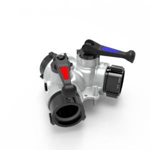 Gated Siamese Quarter Turn Valve - Double 2.5" BSPF Swivel Inlets, Single 2.5" BSPF Swivel Rocker Outlet